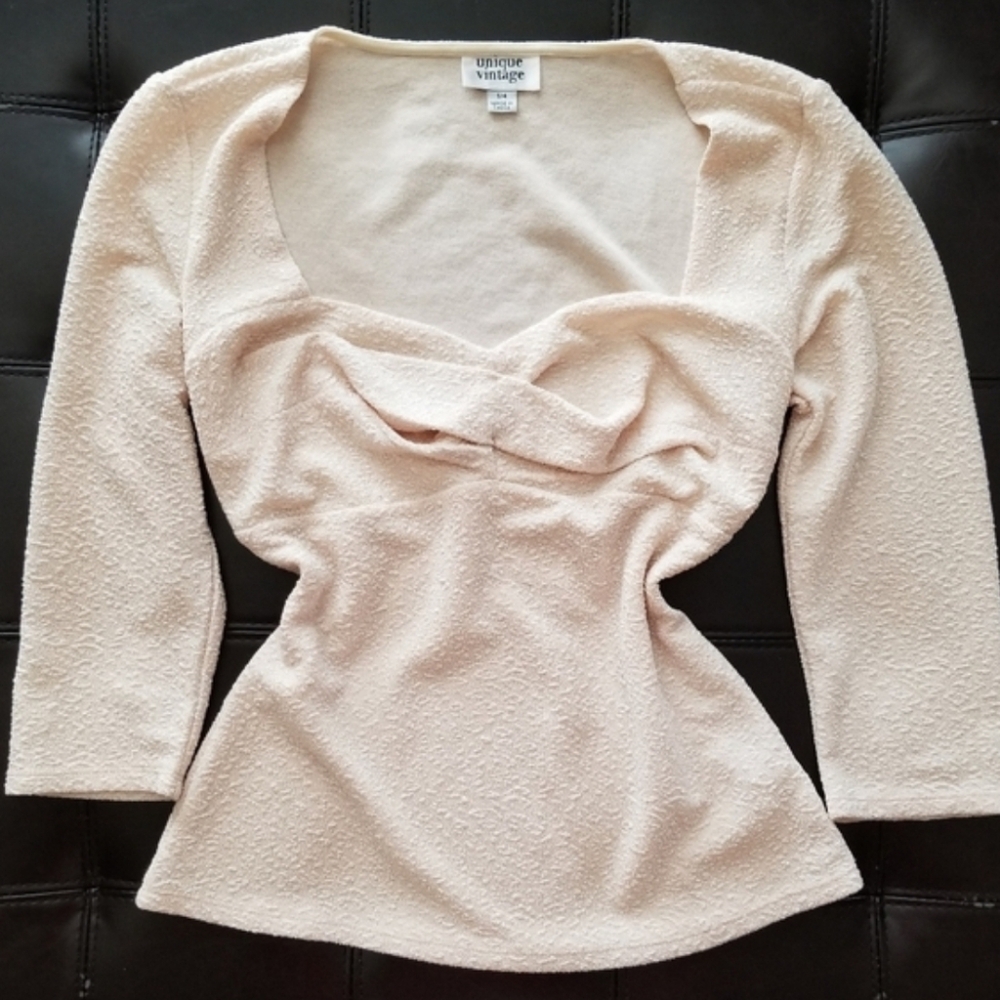 ❗Unique Vintage Beige Cream Sparkly Sweetheart Neckline Blouse Small Rare❗